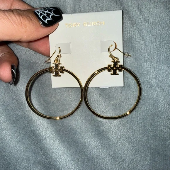Tory Burch Gold Logo Hoop Earrings - Picture 2 of 4